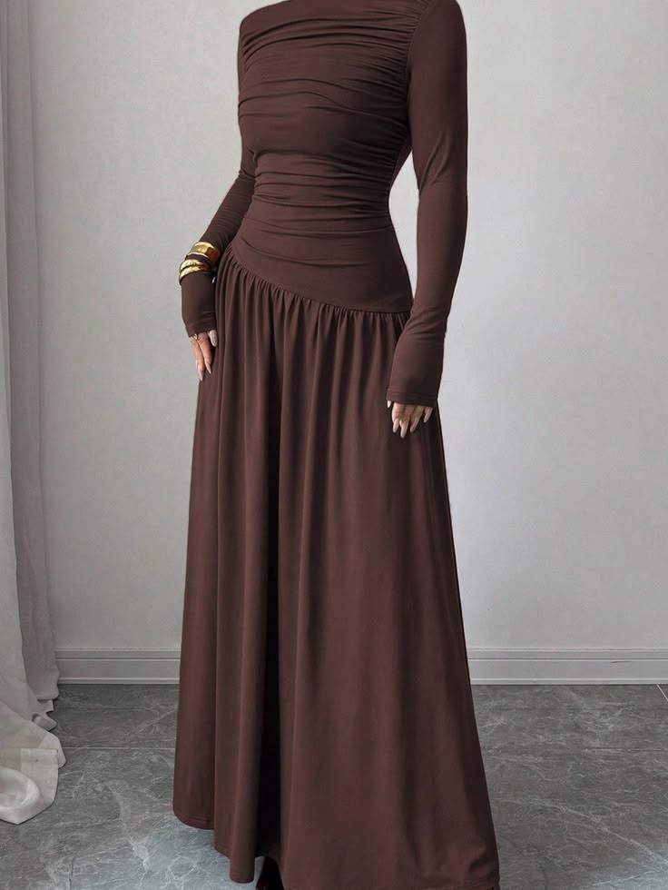 Women's Chocolate Brown Ruched Maxi Dress – Elegant Long Sleeve Evening Dress
