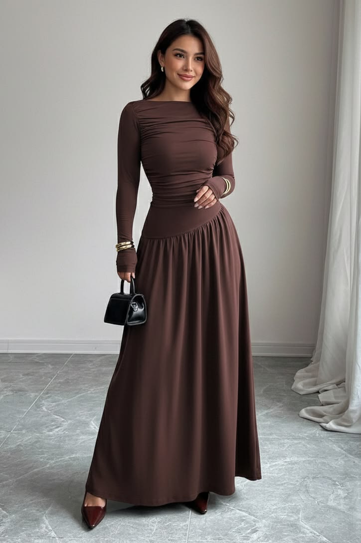Women's Chocolate Brown Ruched Maxi Dress – Elegant Long Sleeve Evening Dress