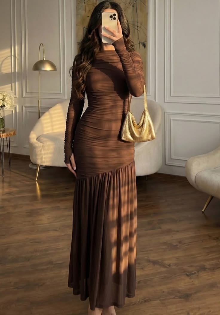 Women's Chocolate Brown Ruched Maxi Dress – Elegant Long Sleeve Evening Dress