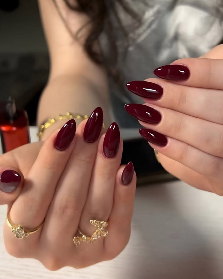 Trend Aura Burgundy Gloss Almond Press-On Nails – Luxury Reusable Nail Set