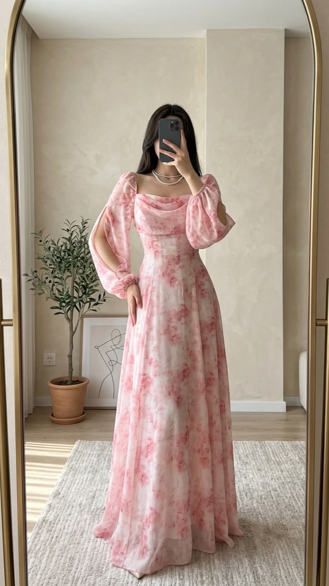Trend Aura Blush Bloom Chiffon Maxi Dress – Luxury Floral Evening Dress